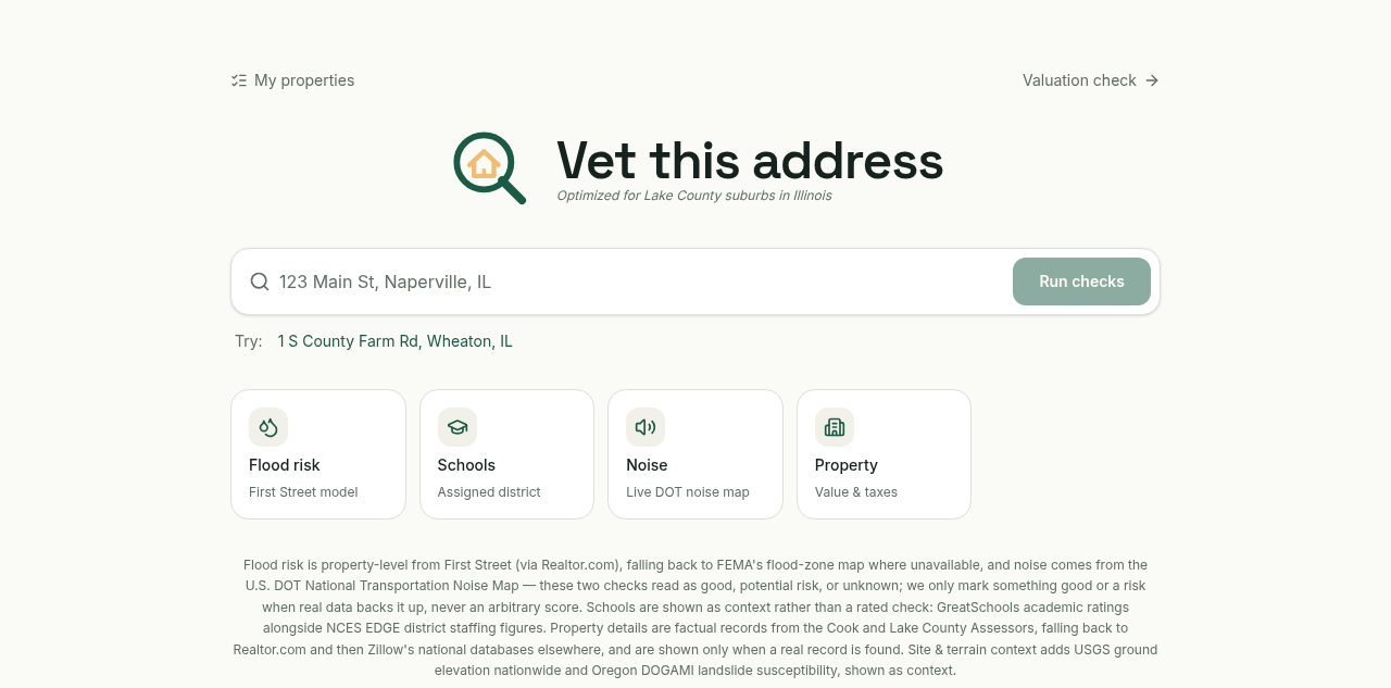 Screenshot of the Vet This Address tool, showing an address search bar and four data checks for flood risk, schools, noise, and property records