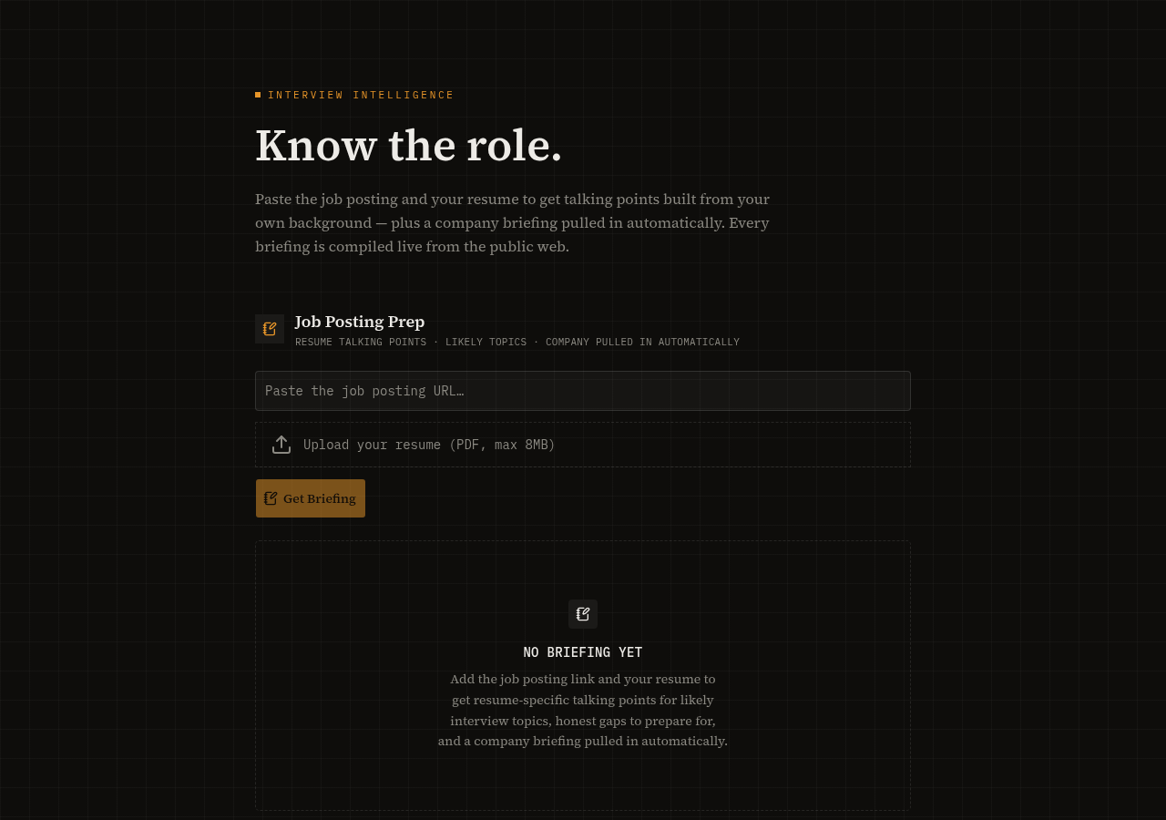 Screenshot of the Know the Role tool, showing forms for Job Posting Prep, Company Briefing, and Contact Briefing